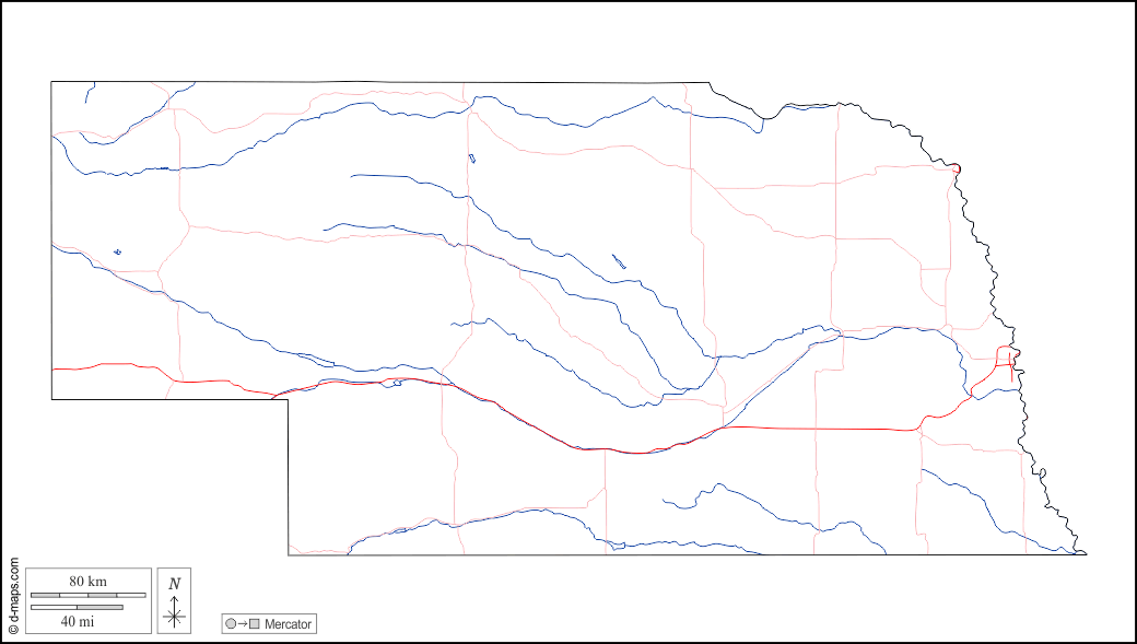 Nebraska : d-maps.com: free map, free blank map, free outline map, free base map : outline, hydrography, roads, white