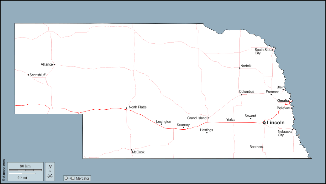 Nebraska : d-maps.com: mapa livre, mapa em branco livre, mapa livre do esboço, mapa básico livre
 : contornos, principais cidades, estradas, nomes