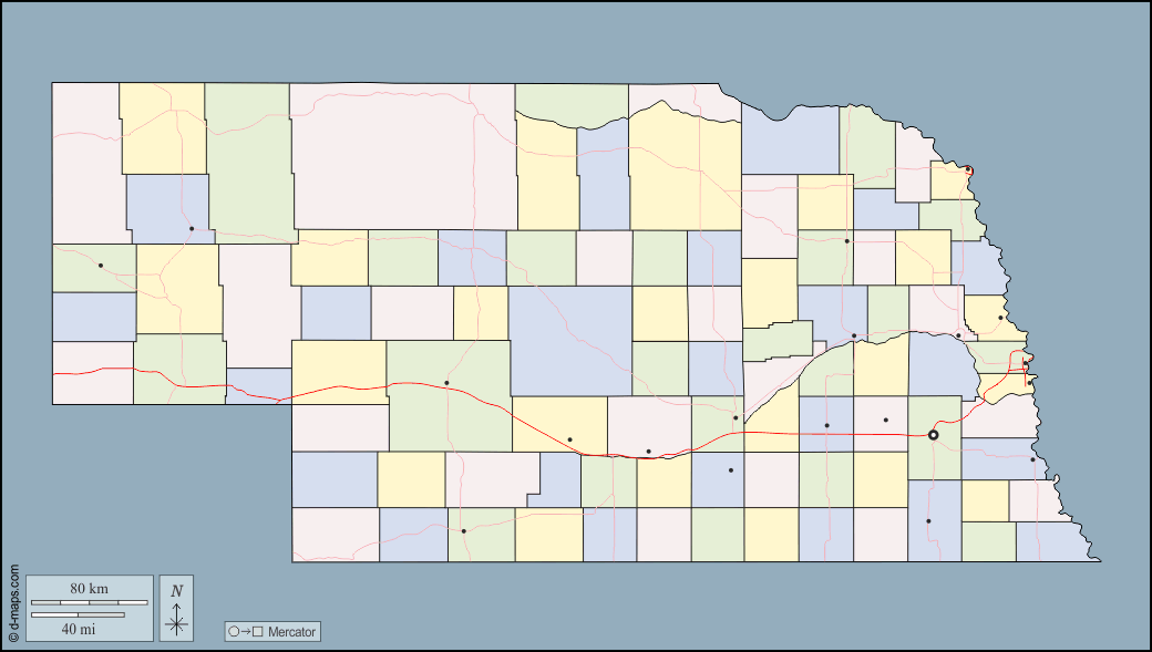Nebraska : d-maps.com: mapa gratuito, mapa mudo gratuito, mapa en blanco gratuito, plantilla de mapa : contornos, condados, principales ciudades, carreteras, color