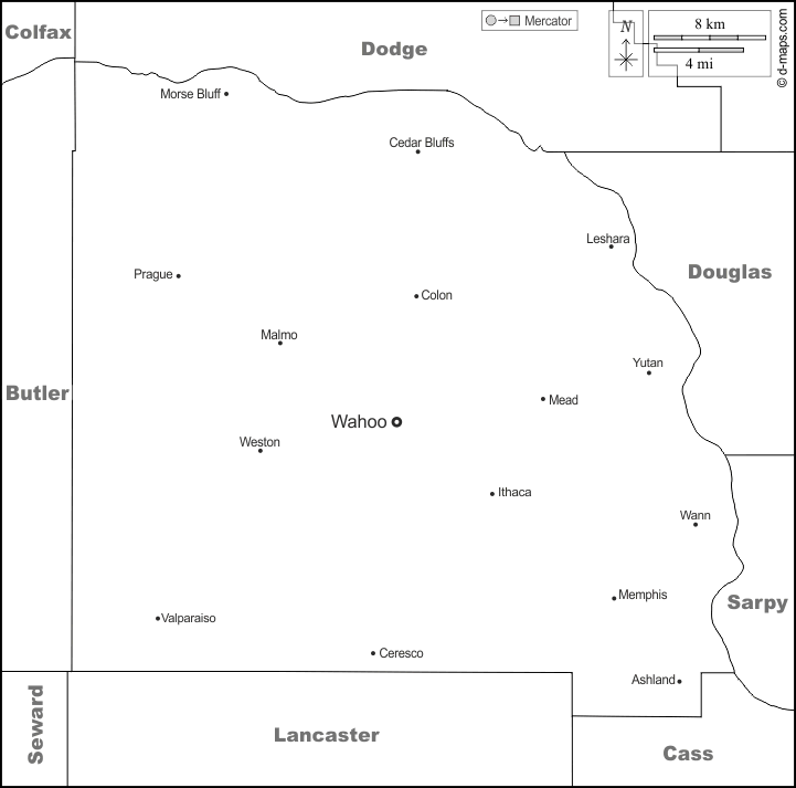 Contea di Saunders : d-maps.com: mappa gratuita, mappa muta gratuita, cartina muta gratuita : frontiere, principali città, nomi, bianco