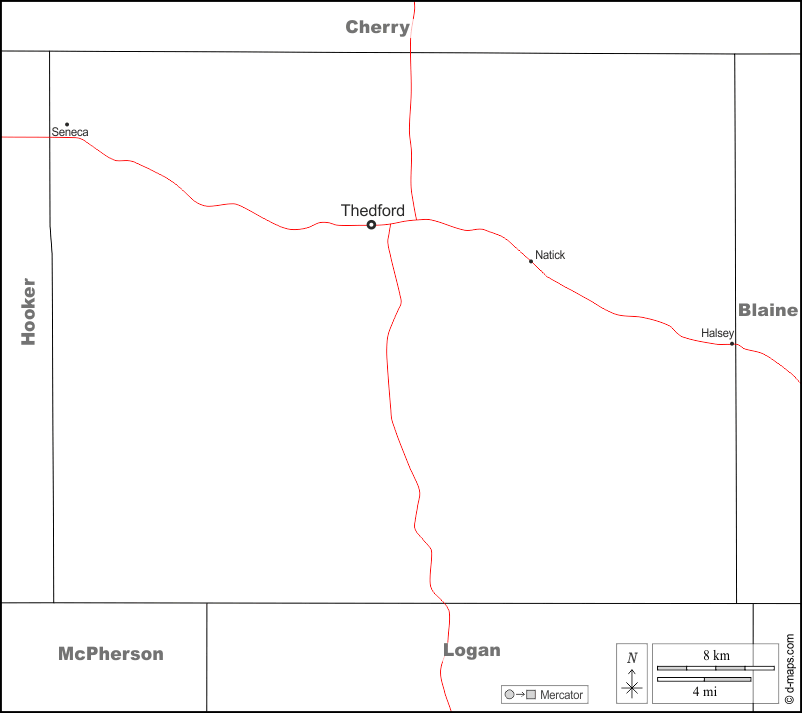 Contea di Thomas : d-maps.com: mappa gratuita, mappa muta gratuita, cartina muta gratuita : frontiere, principali città, strade, nomi, bianco
