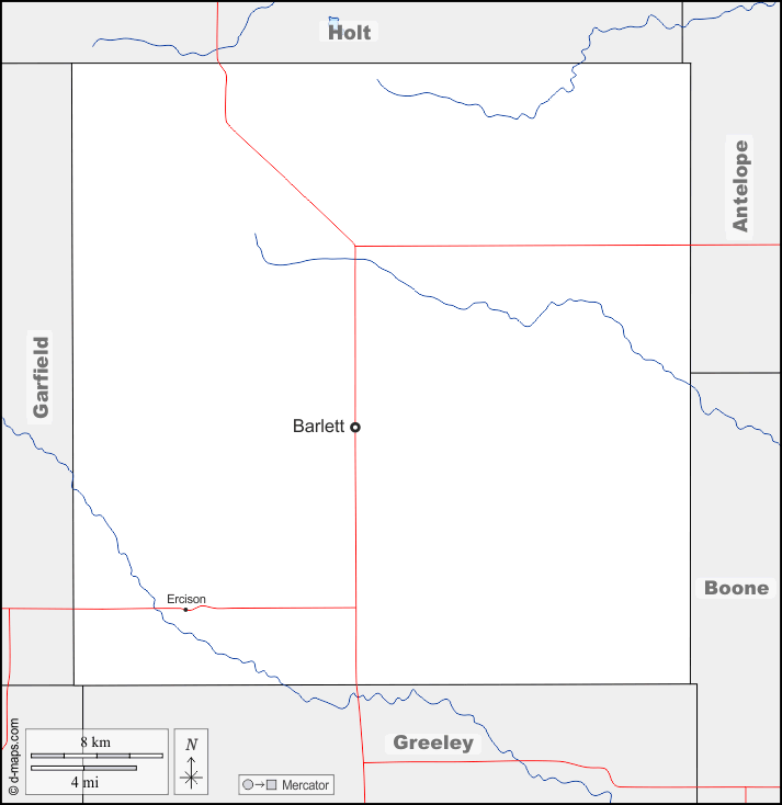 Contea di Wheeler : d-maps.com: mappa gratuita, mappa muta gratuita, cartina muta gratuita : frontiere, idrografia, principali città, strade, nomi