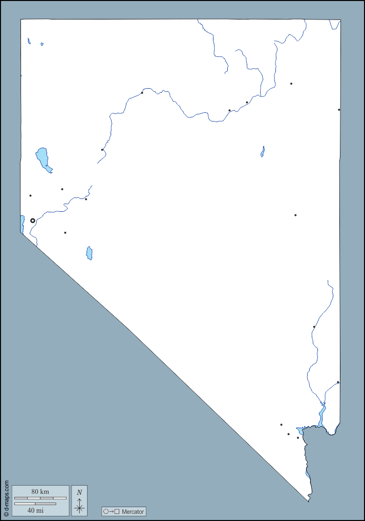 ネバダ : d-maps.com: 無料地図, 無料の空の地図, 無料のアウトラインマップ, 無料のベースマップ
 : 輪郭, 川と湖, 主要都市