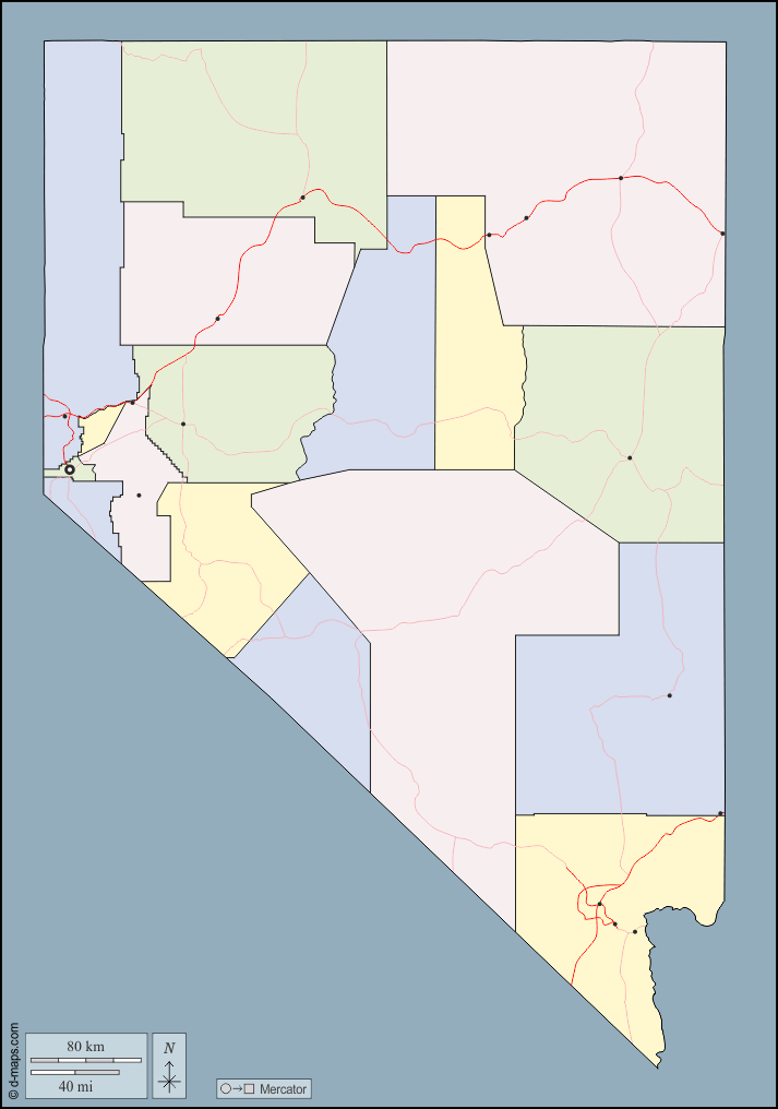 Nevada : d-maps.com: mappa gratuita, mappa muta gratuita, cartina muta gratuita : contorni, contee, principali città, strade, colore