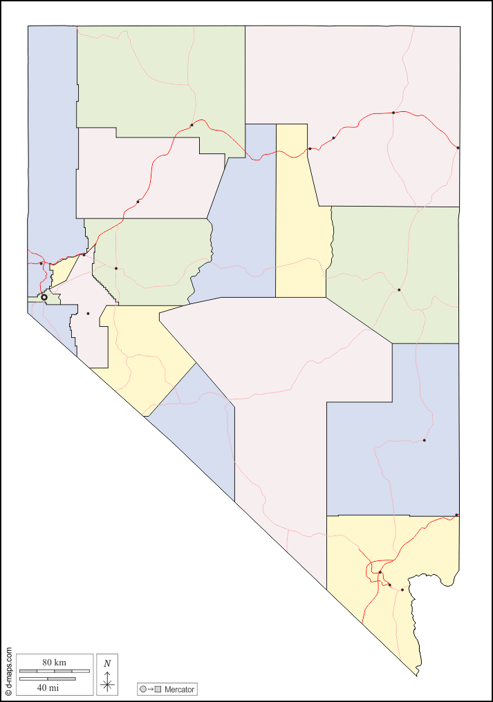 Nevada : d-maps.com: mappa gratuita, mappa muta gratuita, cartina muta gratuita : contorni, contee, principali città, strade, colore, bianco