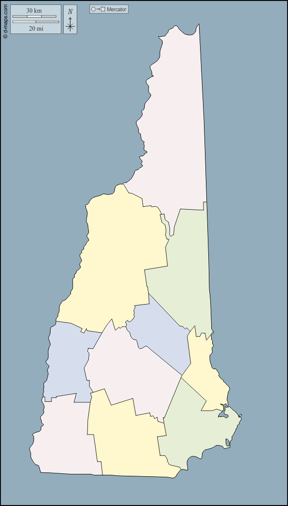 New Hampshire : d-maps.com: mappa gratuita, mappa muta gratuita, cartina muta gratuita : contorni, contee, colore