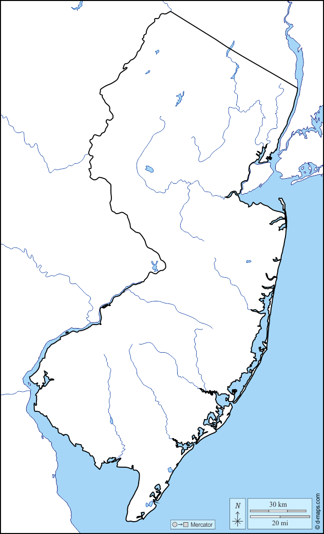 New Jersey : d-maps.com: free map, free blank map, free outline map, free base map : coasts, limits, hydrography