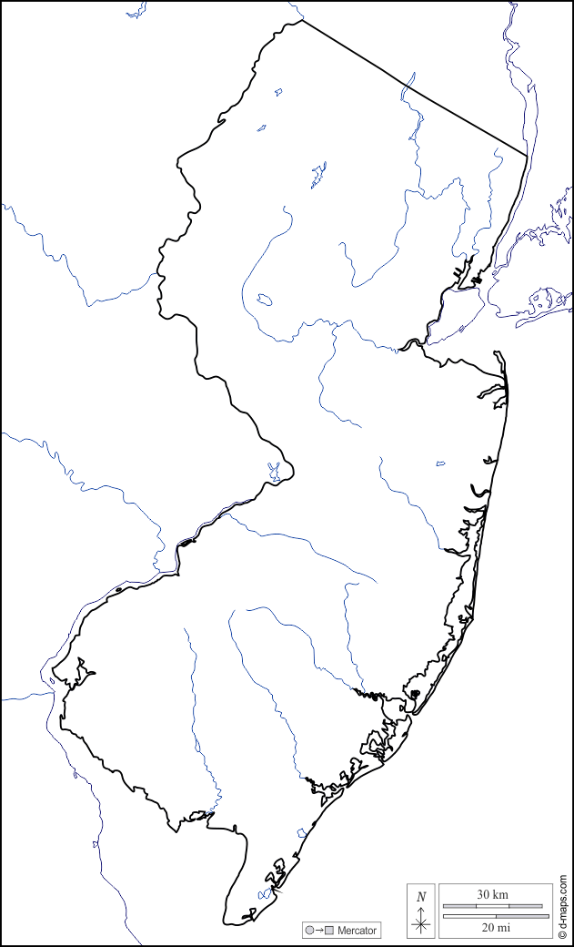 New Jersey : d-maps.com: free map, free blank map, free outline map, free base map : coasts, limits, hydrography, white