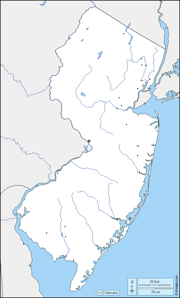 Nueva Jersey : d-maps.com: mapa gratuito, mapa mudo gratuito, mapa en blanco gratuito, plantilla de mapa : fronteras, hidrografía, principales ciudades