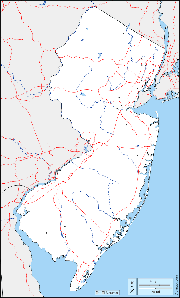 نيو جيرسي : خريطة مجانية, خريطة خاليه من الفراغ, خريطة الخطوط العريضة, خريطة القاعدة الحرة
 : حدود, هيدروغرافيا, المدن الرئيسية, الطرق