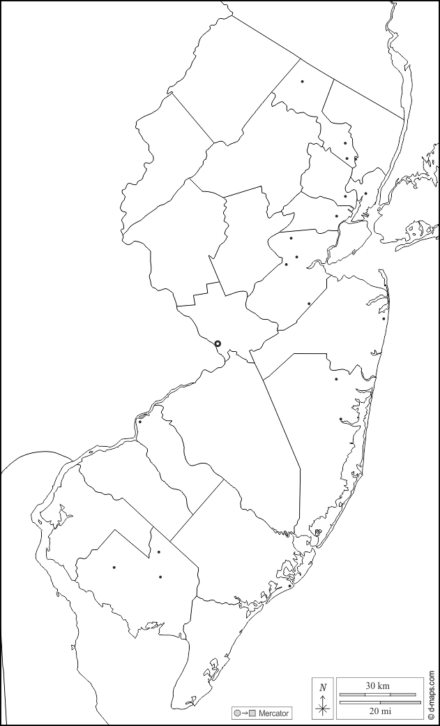 New Jersey : d-maps.com: mapa livre, mapa em branco livre, mapa livre do esboço, mapa básico livre
 : fronteiras, condados, principais cidades, branco
