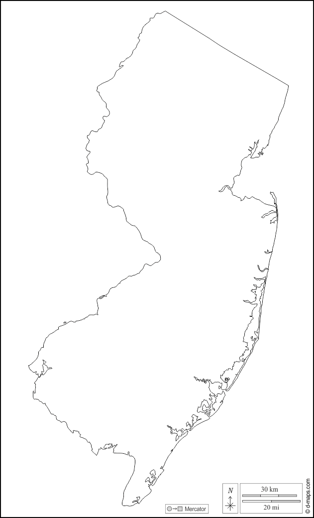 ニュージャージー : d-maps.com: 無料地図, 無料の空の地図, 無料のアウトラインマップ, 無料のベースマップ
 : 輪郭, 白い