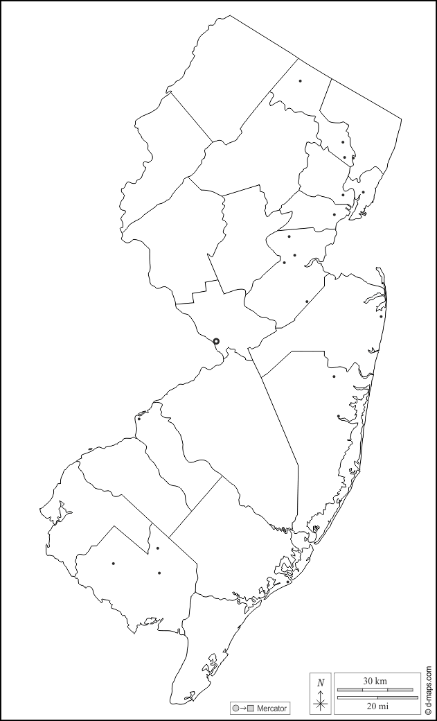 Nueva Jersey : d-maps.com: mapa gratuito, mapa mudo gratuito, mapa en blanco gratuito, plantilla de mapa : contornos, condados, principales ciudades, blanco
