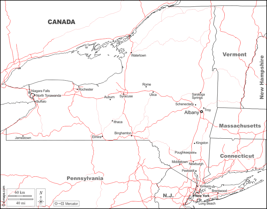 New York : d-maps.com: Kostenlose Karten, kostenlose stumme Karte, kostenlose unausgefüllt Landkarte, kostenlose hochauflösende Umrisskarte : Grenzen, Wichtige Städte, Straßen, Namen, weiß