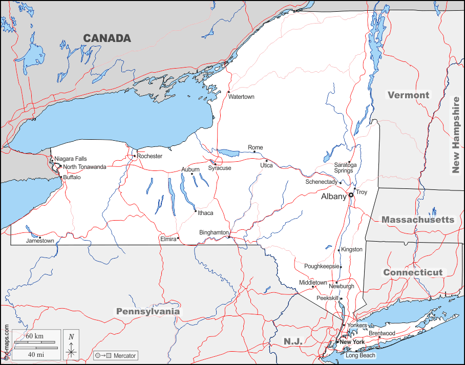 ニューヨーク : d-maps.com: 無料地図, 無料の空の地図, 無料のアウトラインマップ, 無料のベースマップ
 : 境界, 川と湖, 主要都市, 道路, 名前