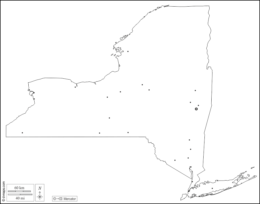 纽约州 : d-maps.com: 免费地图, 免费的空白地图, 免费的轮廓地图, 免费基地地图 : 大纲, 主要城市, 白
