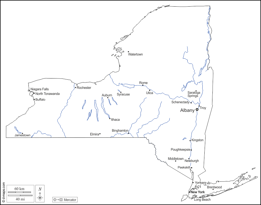 Нью-Йорк : d-maps.com: Бесплатная карта, бесплатная карта, свободная карта, Бесплатная базовая карта
 : контур, гидрографии, Главные города, имена, Белый