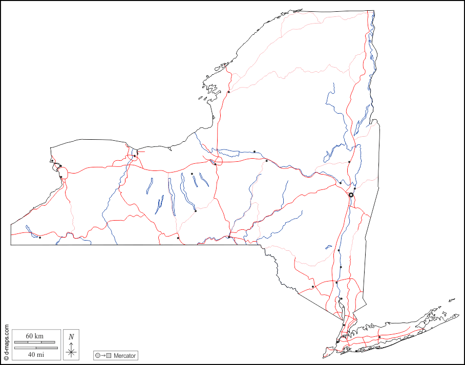 ニューヨーク : d-maps.com: 無料地図, 無料の空の地図, 無料のアウトラインマップ, 無料のベースマップ
 : 輪郭, 川と湖, 主要都市, 道路, 白い