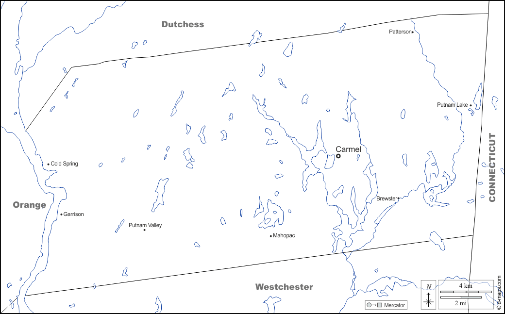 Contea di Putnam : d-maps.com: mappa gratuita, mappa muta gratuita, cartina muta gratuita : frontiere, idrografia, principali città, nomi, bianco