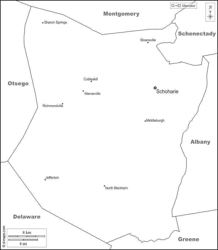 Contea di Schoharie : d-maps.com: mappa gratuita, mappa muta gratuita, cartina muta gratuita : frontiere, principali città, nomi, bianco