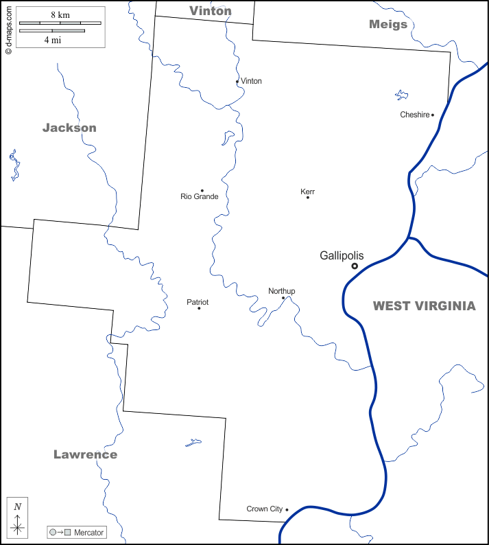 Contea di Gallia : d-maps.com: mappa gratuita, mappa muta gratuita, cartina muta gratuita : frontiere, idrografia, principali città, nomi, bianco
