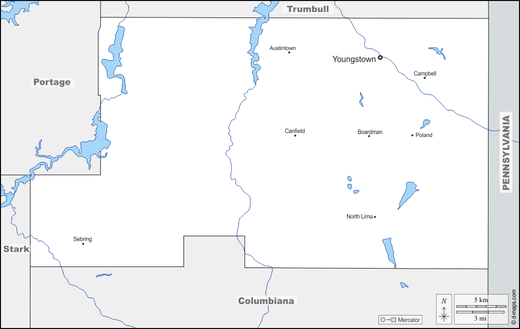 Contea di Mahoning : d-maps.com: mappa gratuita, mappa muta gratuita, cartina muta gratuita : frontiere, idrografia, principali città, nomi