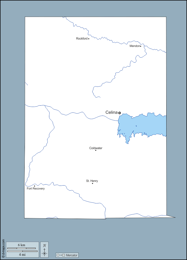 Contea di Mercer : d-maps.com: mappa gratuita, mappa muta gratuita, cartina muta gratuita : contorni, idrografia, principali città, nomi