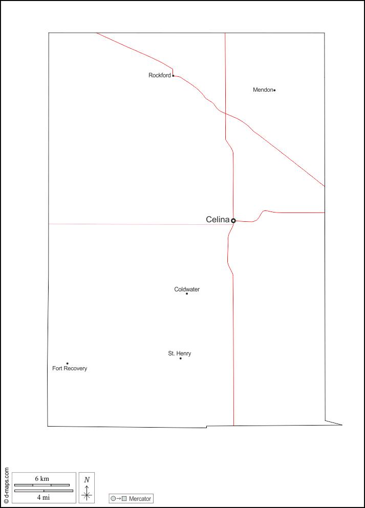 Contea di Mercer : d-maps.com: mappa gratuita, mappa muta gratuita, cartina muta gratuita : contorni, principali città, strade, nomi, bianco