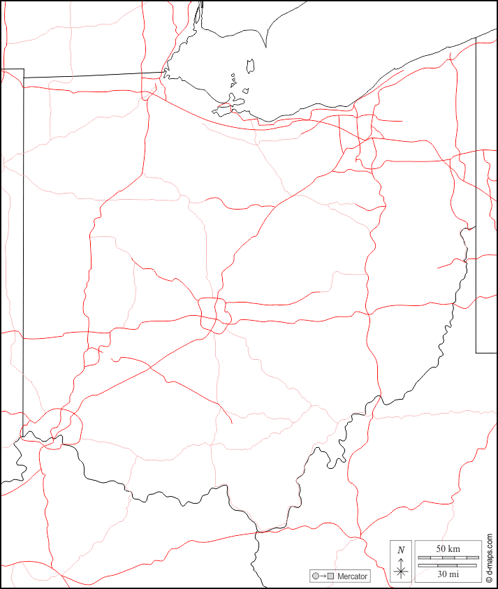 オハイオ : d-maps.com: 無料地図, 無料の空の地図, 無料のアウトラインマップ, 無料のベースマップ
 : 境界, 道路, 白い