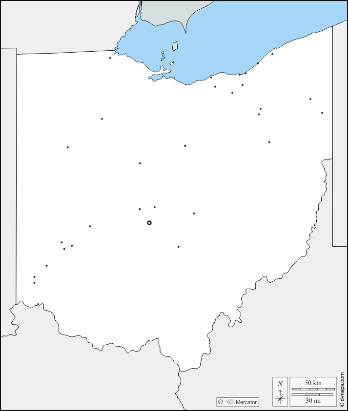 Ohio : d-maps.com: mapa gratuito, mapa mudo gratuito, mapa en blanco gratuito, plantilla de mapa : fronteras, principales ciudades