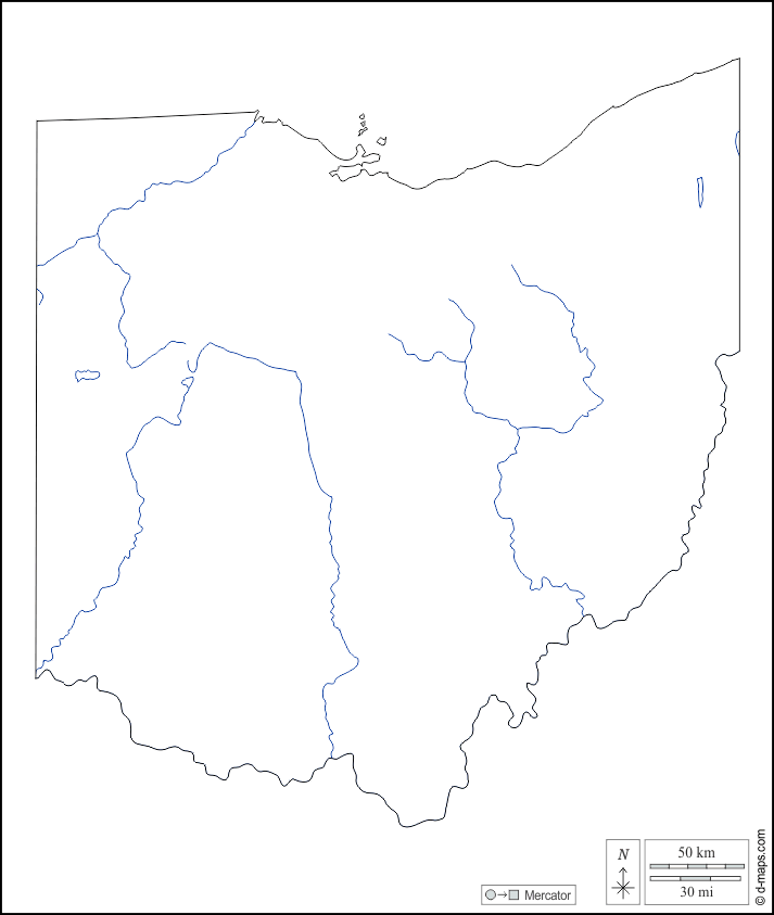 Ohio : d-maps.com: mapa livre, mapa em branco livre, mapa livre do esboço, mapa básico livre
 : contornos, hidrografia, branco