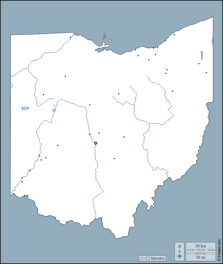Ohio : d-maps.com: Kostenlose Karten, kostenlose stumme Karte, kostenlose unausgefüllt Landkarte, kostenlose hochauflösende Umrisskarte : Umrisse, Hydrografie, Wichtige Städte