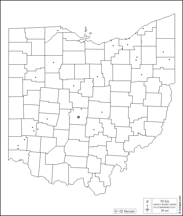 Ohio : d-maps.com: mapa livre, mapa em branco livre, mapa livre do esboço, mapa básico livre
 : contornos, condados, principais cidades, branco