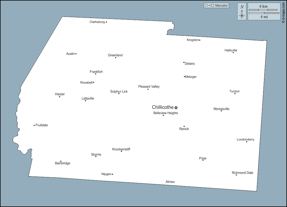 Contea di Ross : d-maps.com: mappa gratuita, mappa muta gratuita, cartina muta gratuita : contorni, principali città, nomi
