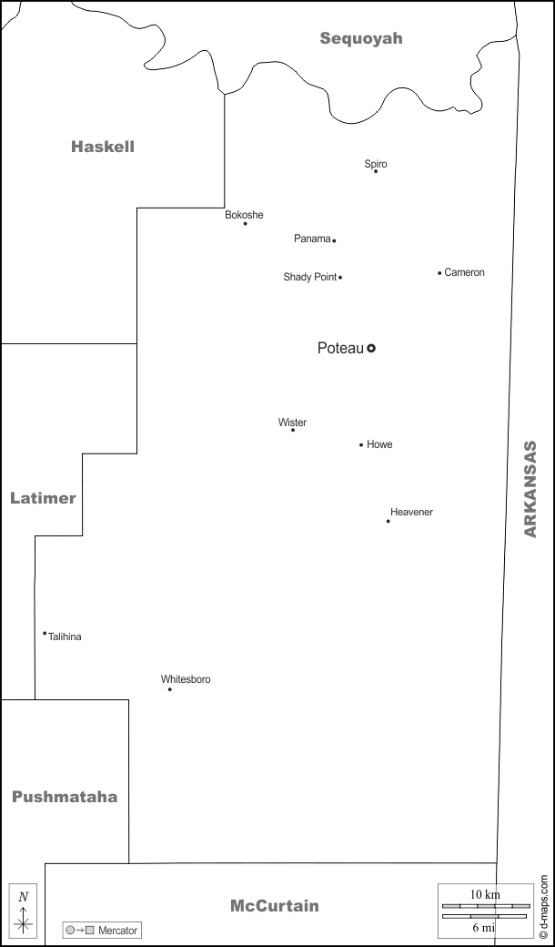 Contea di Le Flore : d-maps.com: mappa gratuita, mappa muta gratuita, cartina muta gratuita : frontiere, principali città, nomi, bianco