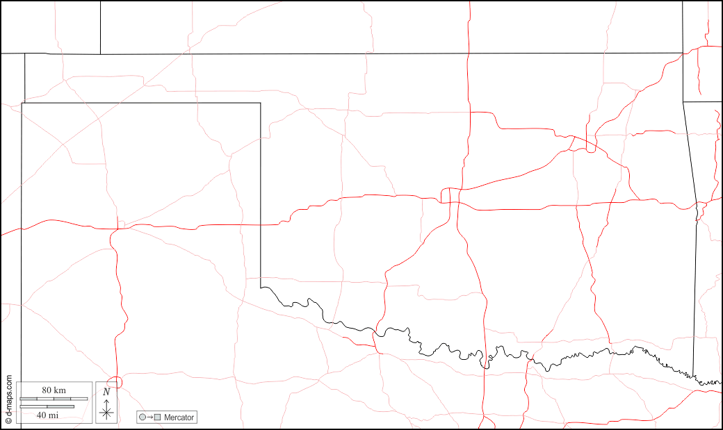 Oklahoma : d-maps.com: Kostenlose Karten, kostenlose stumme Karte, kostenlose unausgefüllt Landkarte, kostenlose hochauflösende Umrisskarte : Grenzen, Straßen, weiß