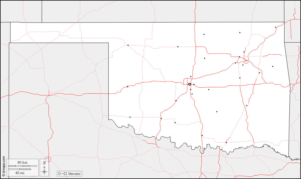 Oklahoma : d-maps.com: carte géographique gratuite, carte géographique muette gratuite, carte vierge gratuite, fond de carte gratuit, formats graphiques courants : frontières, principales villes, routes