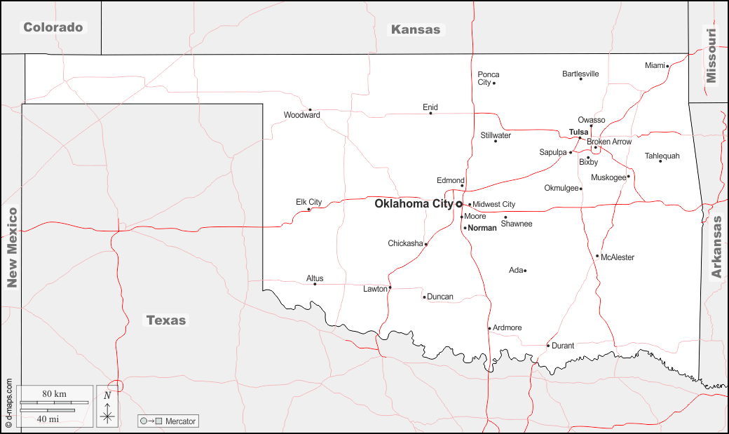 Oklahoma : d-maps.com: mapa gratuito, mapa mudo gratuito, mapa en blanco gratuito, plantilla de mapa : fronteras, principales ciudades, carreteras, nombres