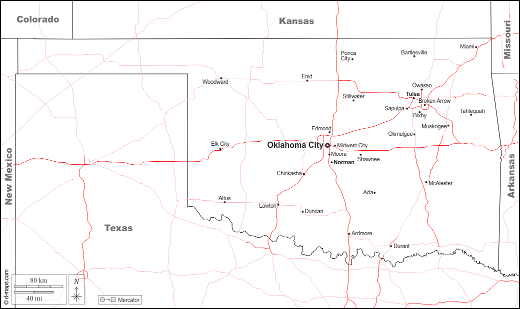 Oklahoma : d-maps.com: mapa gratuito, mapa mudo gratuito, mapa en blanco gratuito, plantilla de mapa : fronteras, principales ciudades, carreteras, nombres, blanco