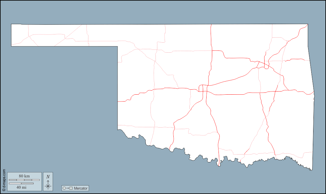 Oklahoma : d-maps.com: mappa gratuita, mappa muta gratuita, cartina muta gratuita : contorni, strade