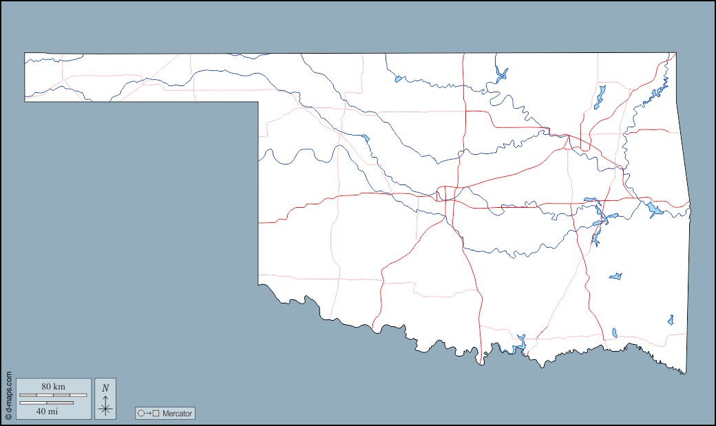Oklahoma : d-maps.com: mapa gratuito, mapa mudo gratuito, mapa en blanco gratuito, plantilla de mapa : contornos, hidrografía, carreteras