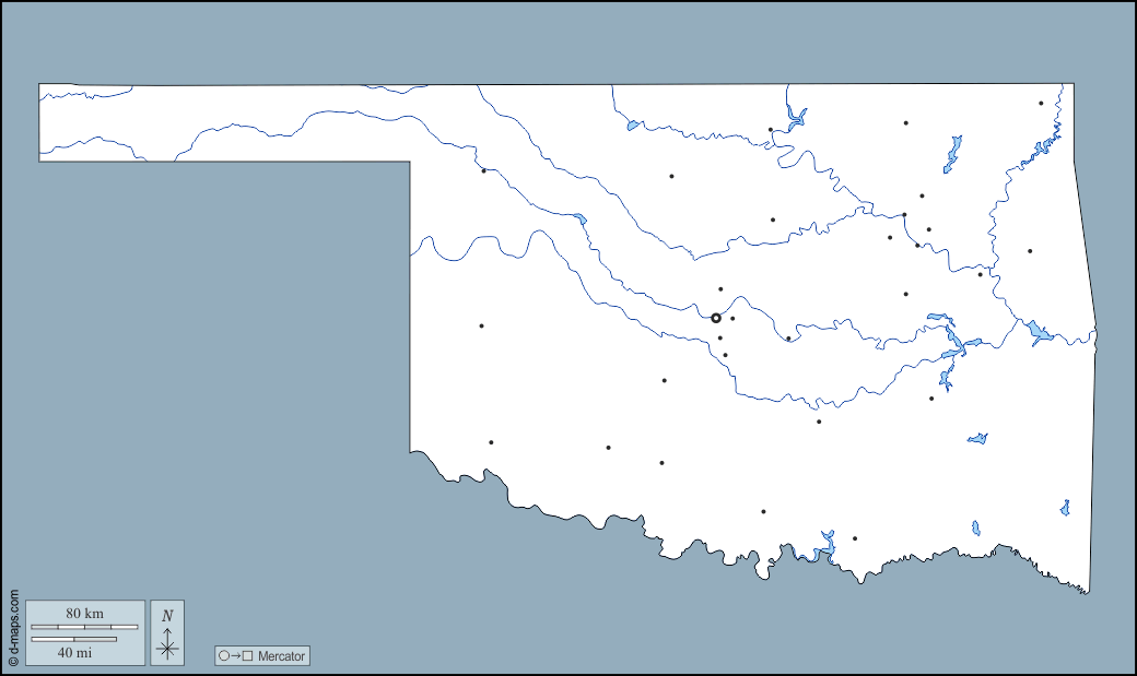 Oklahoma : d-maps.com: Kostenlose Karten, kostenlose stumme Karte, kostenlose unausgefüllt Landkarte, kostenlose hochauflösende Umrisskarte : Umrisse, Hydrografie, Wichtige Städte
