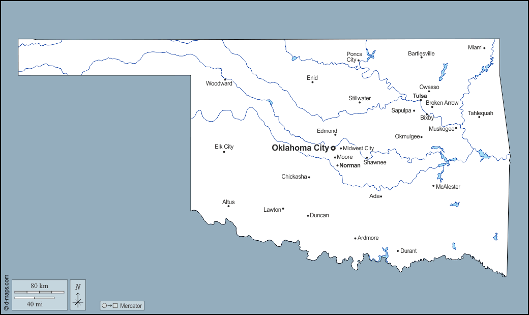Oklahoma : d-maps.com: Kostenlose Karten, kostenlose stumme Karte, kostenlose unausgefüllt Landkarte, kostenlose hochauflösende Umrisskarte : Umrisse, Hydrografie, Wichtige Städte, Namen