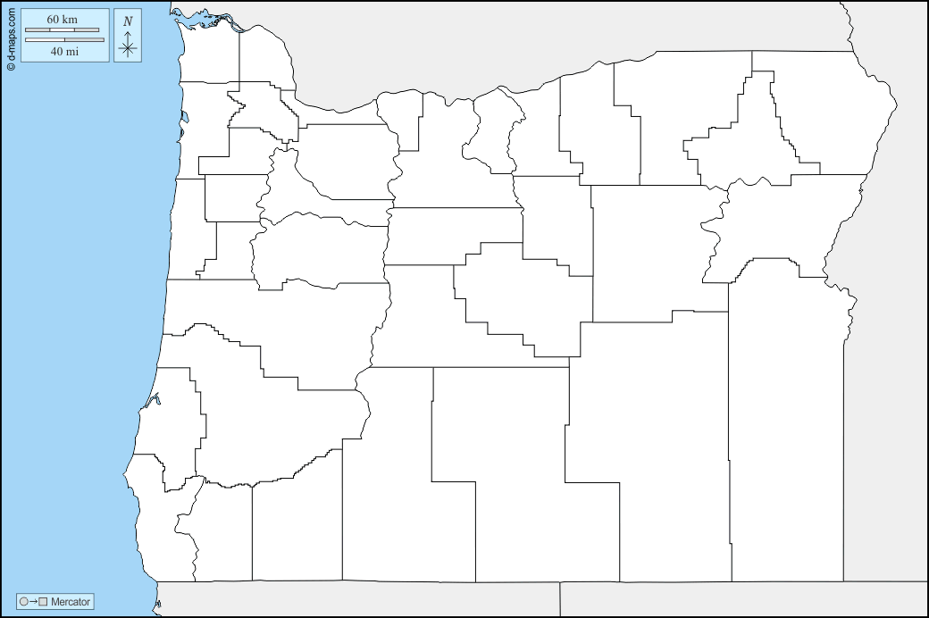 Oregon : d-maps.com: Kostenlose Karten, kostenlose stumme Karte, kostenlose unausgefüllt Landkarte, kostenlose hochauflösende Umrisskarte : Grenzen, Landkreise