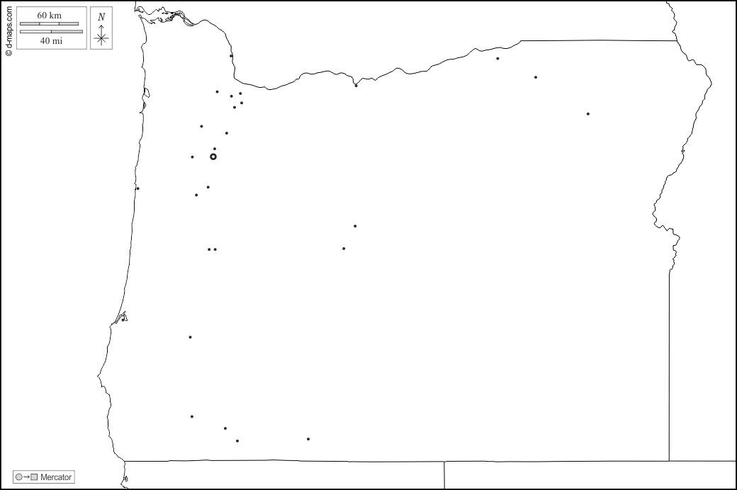 Oregon : d-maps.com: mappa gratuita, mappa muta gratuita, cartina muta gratuita : frontiere, principali città, bianco