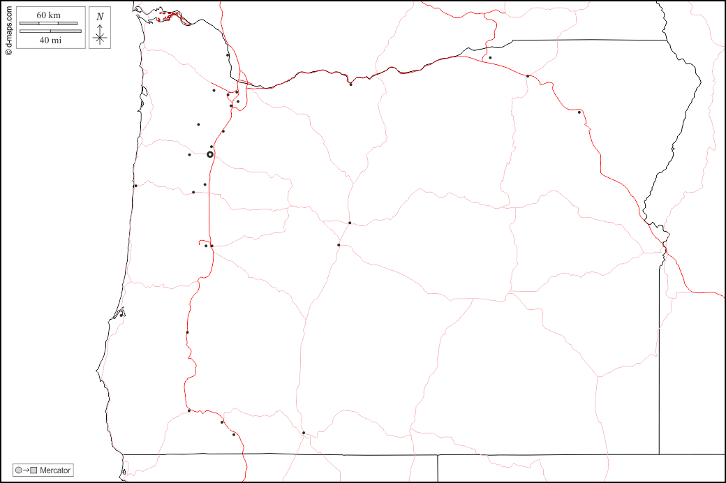 Oregon : d-maps.com: mapa livre, mapa em branco livre, mapa livre do esboço, mapa básico livre
 : fronteiras, principais cidades, estradas, branco