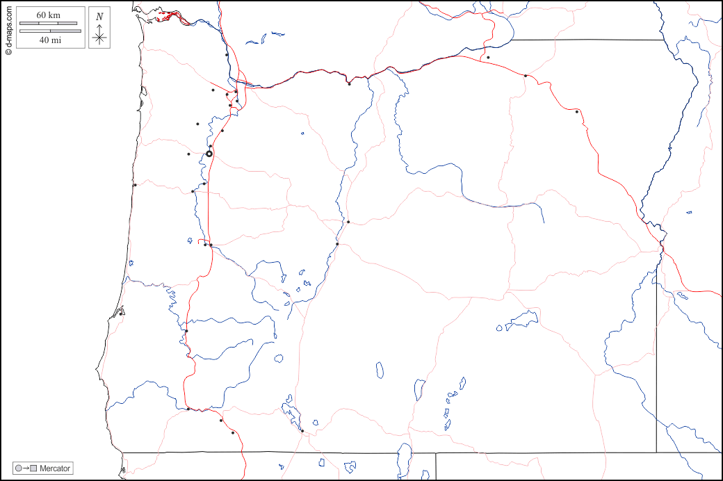 Oregon : d-maps.com: Kostenlose Karten, kostenlose stumme Karte, kostenlose unausgefüllt Landkarte, kostenlose hochauflösende Umrisskarte : Grenzen, Hydrografie, Wichtige Städte, Straßen, weiß