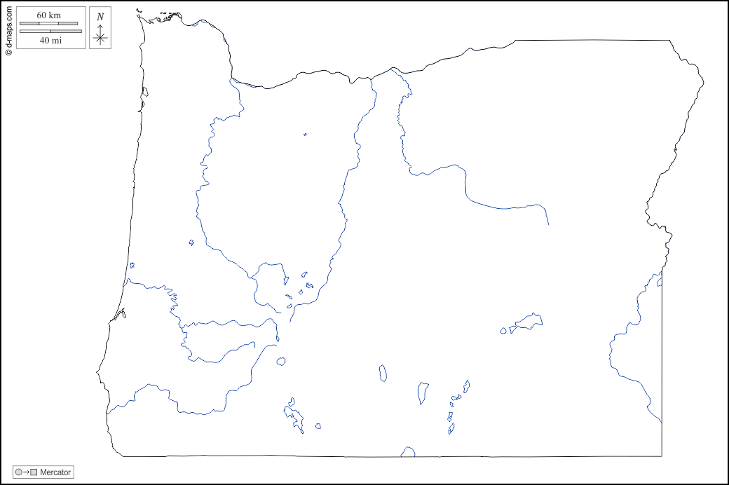 Oregón : d-maps.com: mapa gratuito, mapa mudo gratuito, mapa en blanco gratuito, plantilla de mapa : contornos, hidrografía, blanco