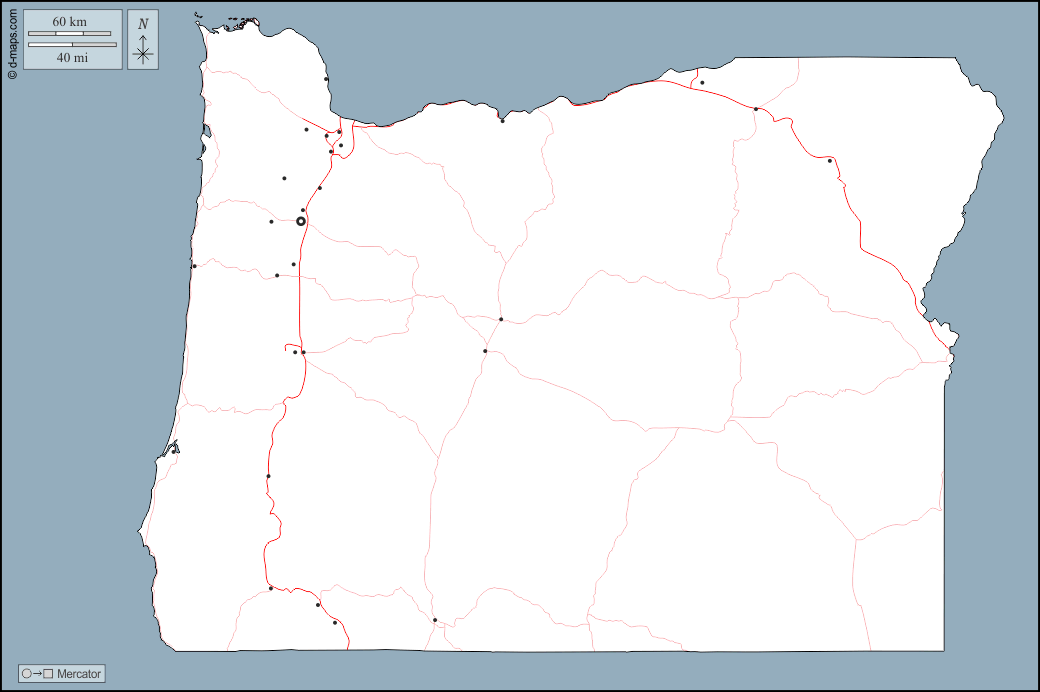 Oregon : d-maps.com: mappa gratuita, mappa muta gratuita, cartina muta gratuita : contorni, principali città, strade