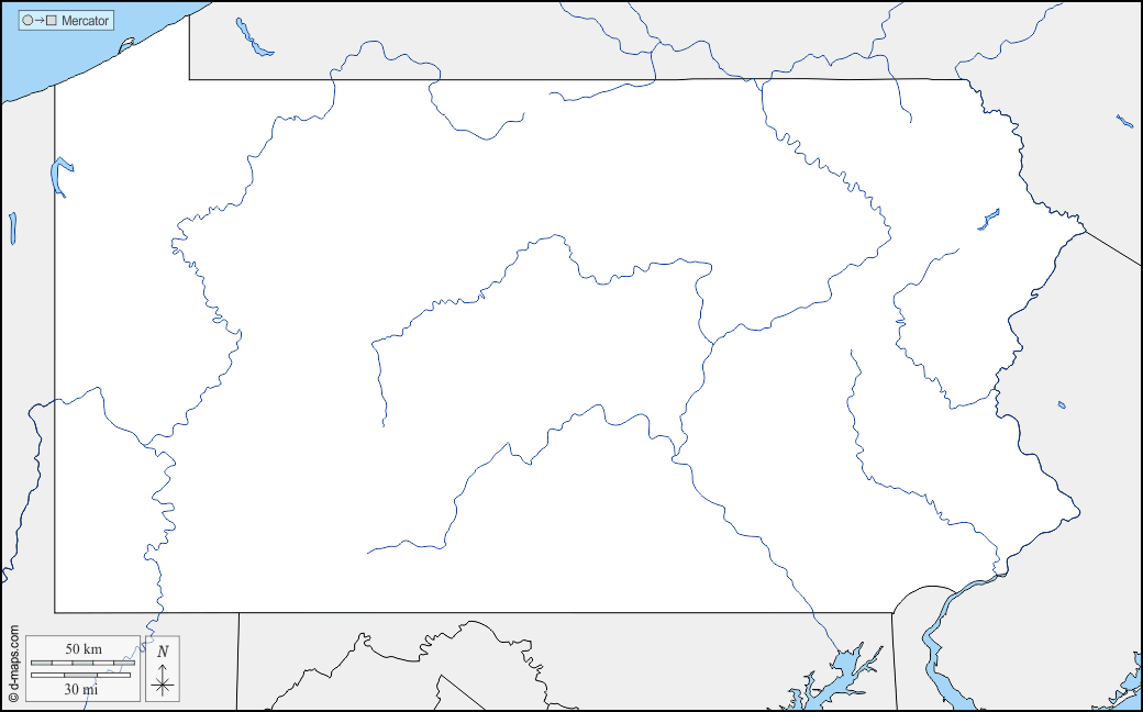 ペンシルバニア : d-maps.com: 無料地図, 無料の空の地図, 無料のアウトラインマップ, 無料のベースマップ
 : 境界, 川と湖